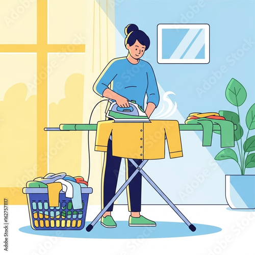 A woman is ironing clothes on a board near a window.