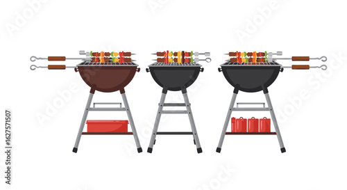 Grilled skewers on charcoal grills with wooden handles and gasoline containers