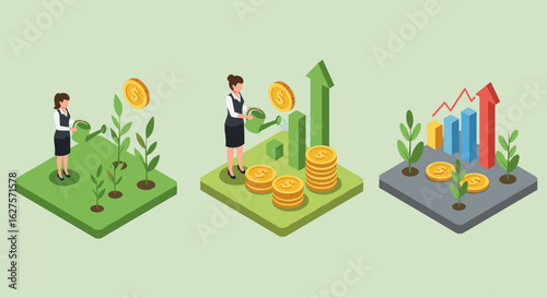 Isometric business growth: female entrepreneur nurturing finance and analytics