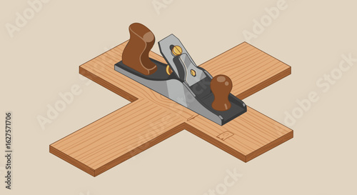 Vintage woodworking plane on wooden planks isometric art