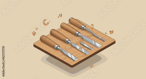 Isometric woodworking chisels on wooden board with shavings