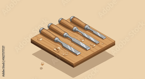 Isometric woodworking chisels on wooden board with shavings