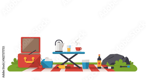 Picnic setup with drinks and camping gear on a sunny day