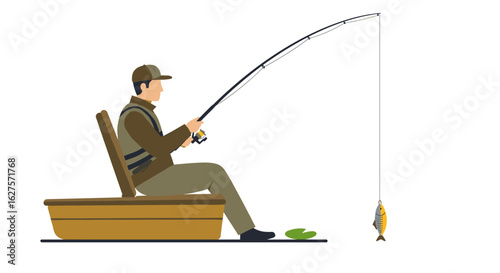 Man fishing on boat with catch, calm outdoor activity in flat style