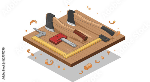 Isometric woodworking tools on wooden board with hand planer and axes
