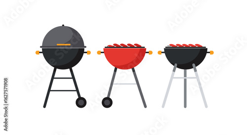 Colorful barbecue grills with sausages on a clean white background