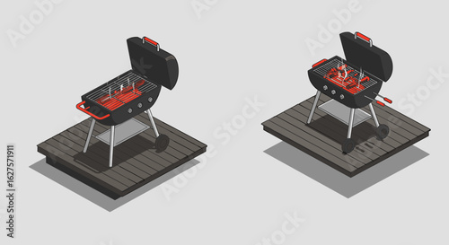 Isometric grilling scene with open and closed lid barbecue on wooden deck