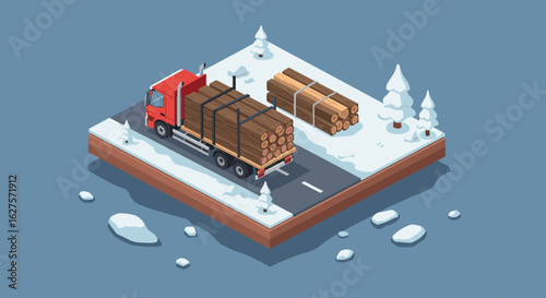 Isometric winter scene with logging truck on snowy road