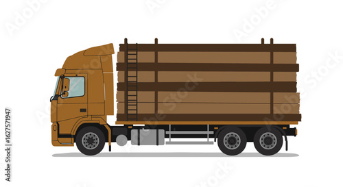 Freight truck with wooden logs side view on white background