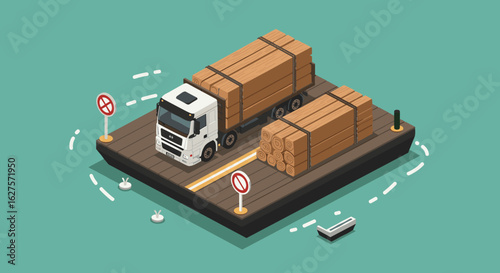 Cargo truck on ferry with lumber: isometric transport scene