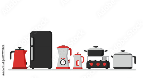 Modern kitchen appliances set in flat style with red and black design
