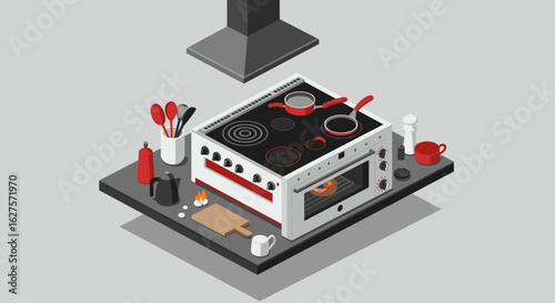 Isometric kitchen stove with utensils and coffee maker on grey background