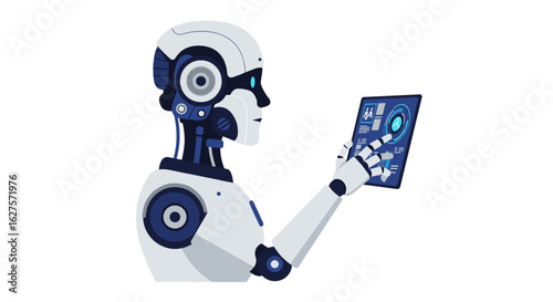 Futuristic robot with touchscreen interface in flat design