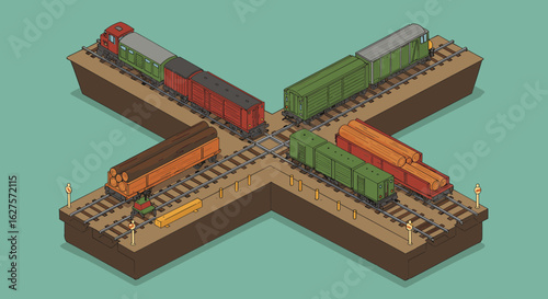Isometric train intersection with cargo and logging cars on crossed tracks