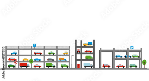 Colorful parking garage scene with isometric vehicles and buildings
