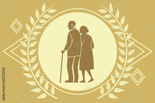 Elderly couple walking together side profile silhouette within a decorative circular frame with laurel branches and geometric shapes