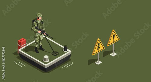Isometric military engineer on hovercraft navigating minefield with warning signs