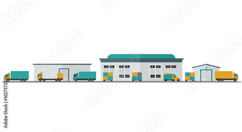 Flat design warehouse with trucks and loading docks for logistics and shipping