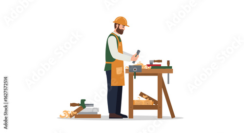 Carpenter at work: craftsman shaping wood in workshop scene