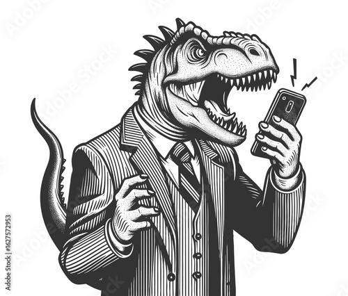 T-rex in a business suit angrily shouting at a smartphone, combining humor with corporate satire sketch engraving generative ai fictional character vector illustration. Scratch board. Black and white.
