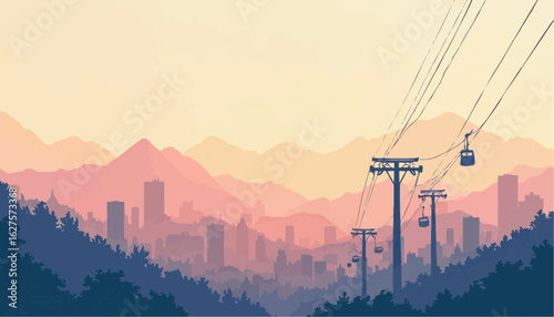 sunrise over the mountains with city landscape