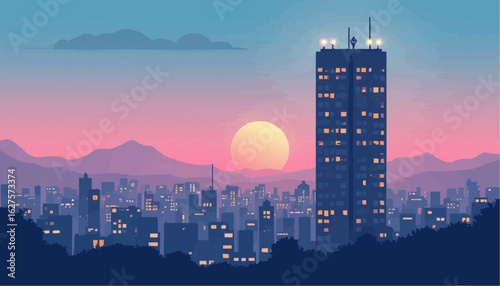 city skyline at sunset