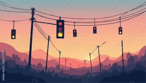 sunset in the city with mountain and with light in road background 