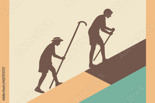 Two senior figures with walking sticks climbing a stylized hill with geometric shapes elderly people
