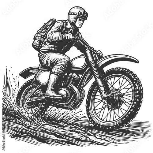 motocross rider in full gear riding through water and mud on a rugged dirt bike, full of motion sketch engraving generative ai fictional character vector illustration. Scratch board. Black and white.