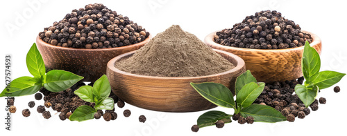PNG. A set of black pepper powder in wooden bowls, with scattered whole black curled pepper and green leaves on a white background.