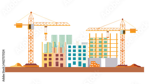 Illustration of a construction site with cranes and buildings in various stages of completion