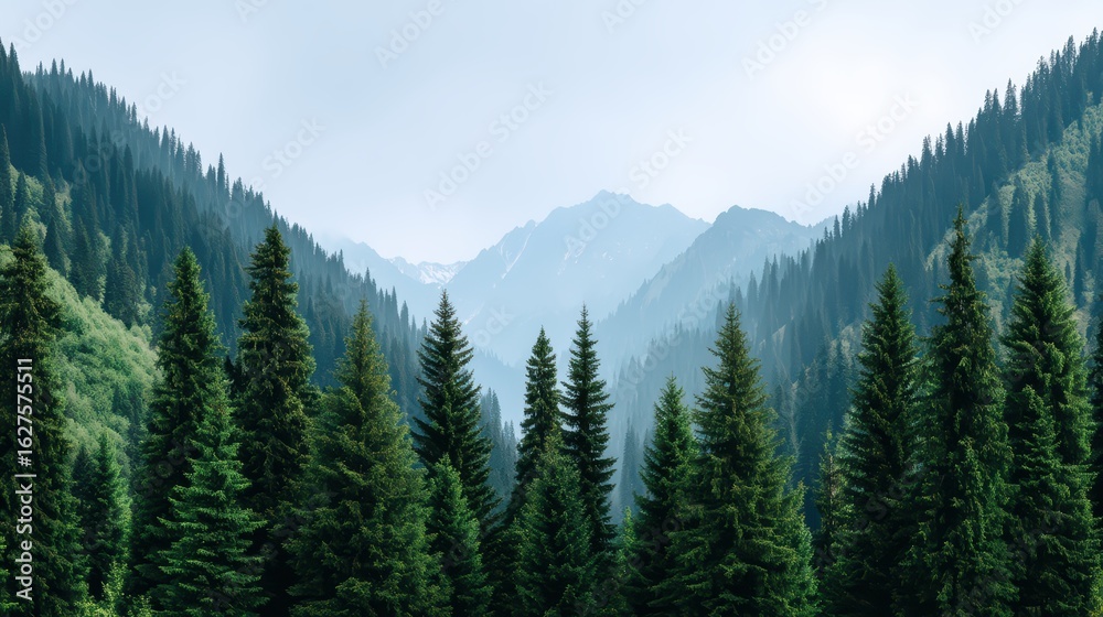 Obraz premium Serene Mountain Landscape Surrounded by Lush Green Trees