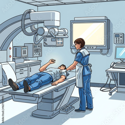 A medical professional prepares a patient lying on a table for an X-ray scan in a hospital room.