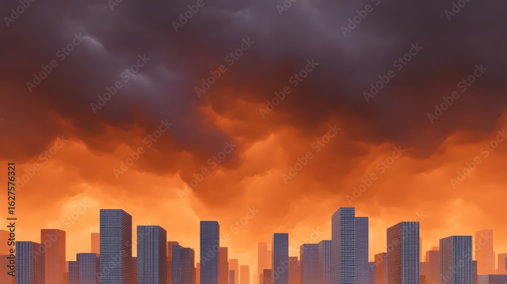 Fototapeta premium Dramatic Sunset Over Urban Skyline with Dark Storm Clouds