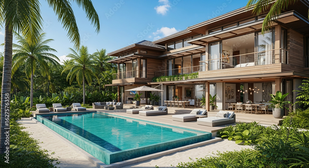 Fototapeta premium Exterior view of a luxury modern villa with a swimming pool and lush tropical garden