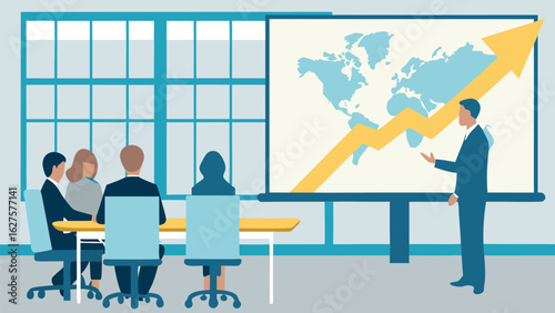 Business presentation with world map and upward arrow shown to meeting attendees in a conference room
