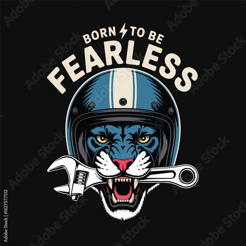 Fearless tiger rider with wrench and motorcycle helmet