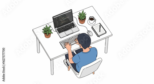 Focused coder typing at desk with laptop, coffee, and plants - ideal for tech blogs, programming tutorials, and remote work visuals. Scalable vector.
