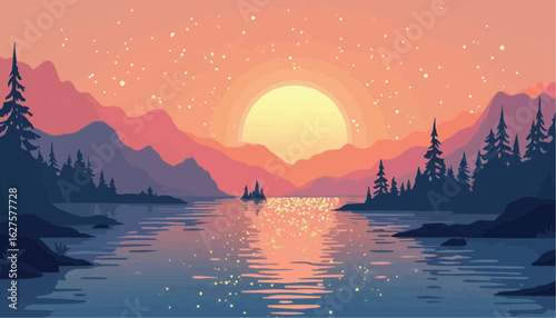 Sunset Landscape with Mountain Range Trees and Sparkling Water in Warm Pink and Orange Tones