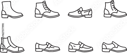 Collection of Eight Black Outline Shoe Icons on White Background footwear boot