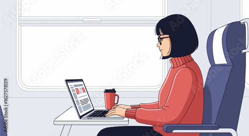 Young professional woman working remotely on train journey with laptop and coffee, enjoying travel and productivity, originally scalable vector graphic