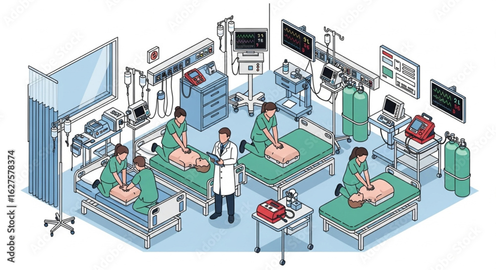 Naklejka premium A medical training room with staff practicing CPR on dummies, supervised by a doctor in a white coat.