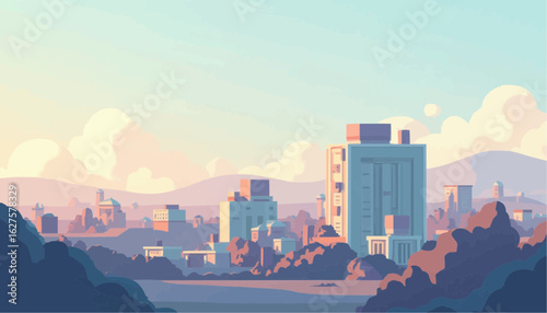 Cityscape Illustration with Modern Buildings and Soft Cloudscape in Pastel Colors