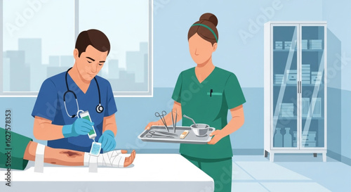 Medical professionals tending to a patient's injured arm in a sterile hospital room.