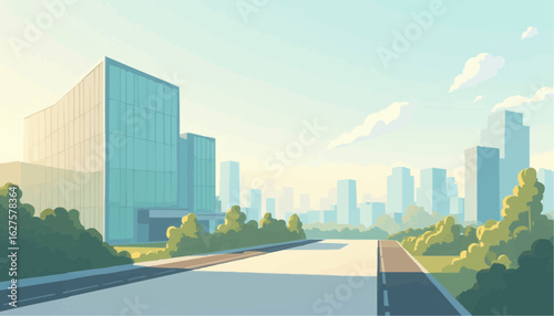 Modern Cityscape with Tall Glass Buildings and Clear Sky in Urban Environment