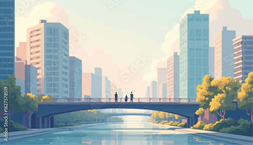Modern Cityscape with Skyscrapers and Bridge Over Water in Bright Daylight