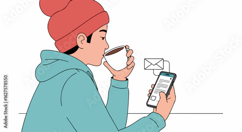 Relaxed young adult checking phone while enjoying warm coffee, staying connected with modern technology, promoting mobile lifestyle and simple pleasures