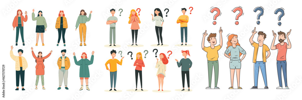Obraz premium set of diverse cartoon characters with question marks expressing confusion and curiosity