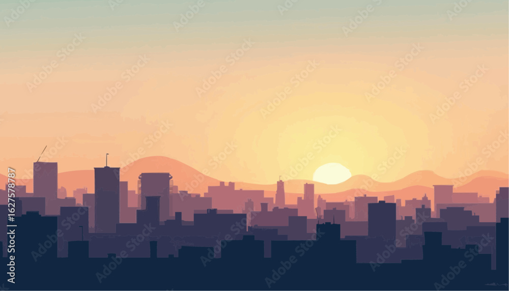 Naklejka premium Sunset Over City Skyline with Distant Mountains in Soft Pastel Colors