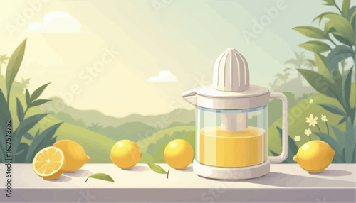 Lemon Juicer with Fresh Lemons on Outdoor Table in Bright Sunlight